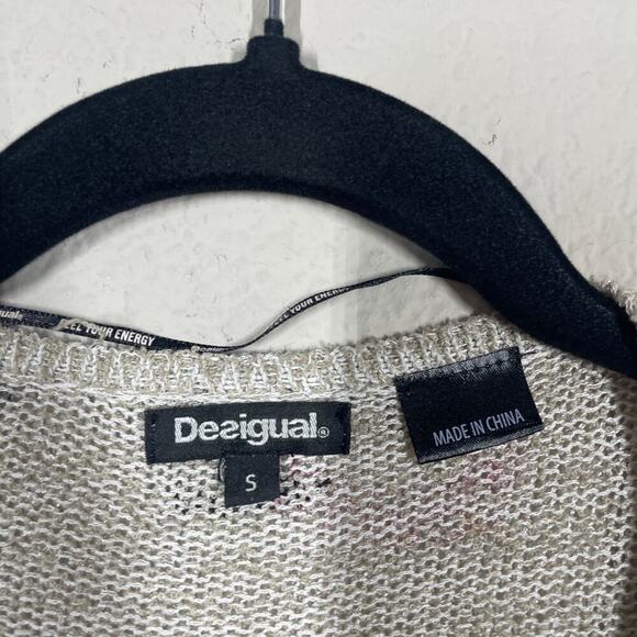 Desigual Small Boho Duster Cardigan Tan Geometric Heart Print Open Front - Picture 9 of 11